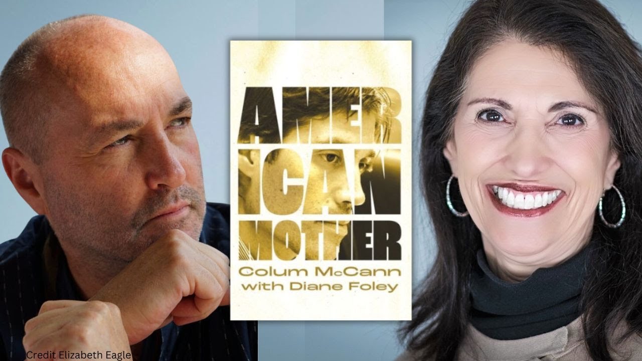 Cover of American Mother sandwiched between the faces of Colum McCann & Diane Foley