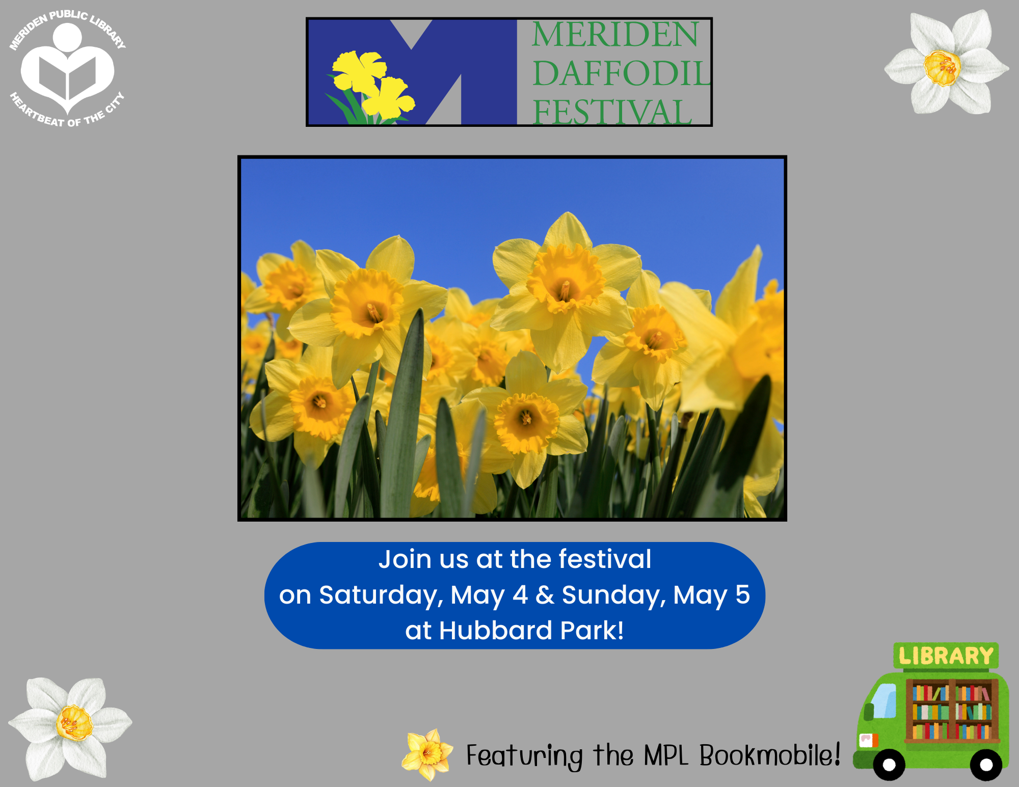 Picture of daffodils and a library bookmobile in the bottom right corner.