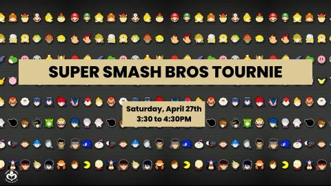 Pixelated Super Smash Bros. characters in rows make up the background behind the verbiage