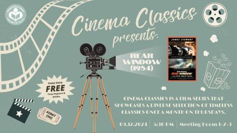 Green background with tripod projecting the film posters of Rear Window with film reel woven around
